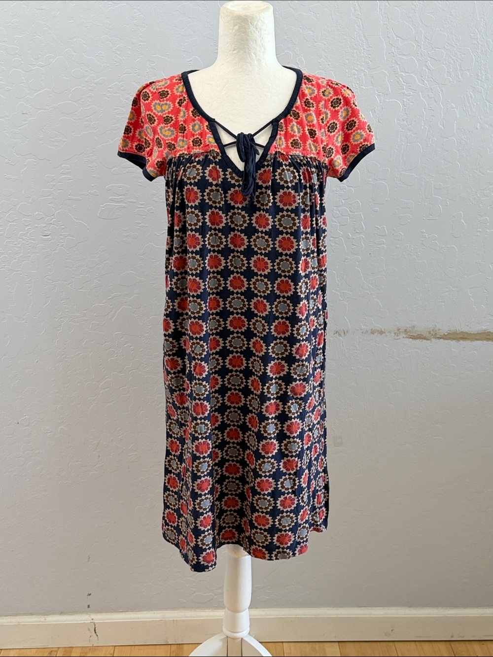 Lucky Brand Navy and Coral Floral Tie-Front Mini Dress